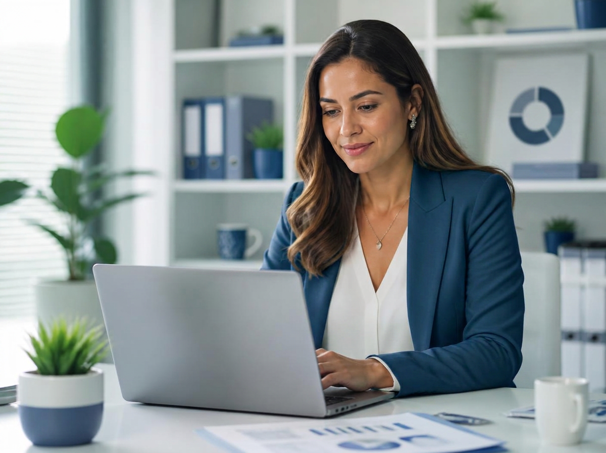 Mulher empresária analisando indicadores financeiros no notebook